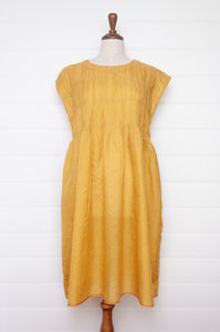 Dve one size cotton silk check Mira dress with gathered bodice in amber yellow.