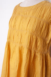 Dve one size cotton silk check Mira dress with gathered bodice in amber yellow.