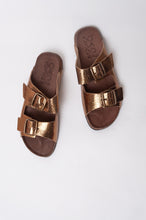 Load image into Gallery viewer, Bosasbo handmade in France double strap slides with molded cork footbed and metallic copper upper, bronze buckles.