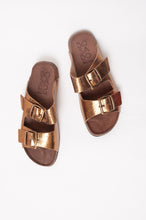 Load image into Gallery viewer, Bosasbo handmade in France double strap slides with molded cork footbed and metallic copper upper, bronze buckles.