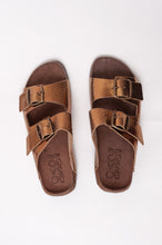 Load image into Gallery viewer, Bosasbo handmade in France double strap slides with molded cork footbed and metallic copper upper, bronze buckles.