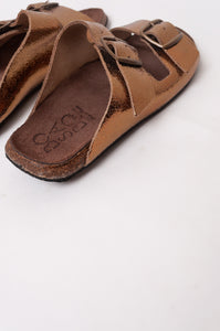 Bosasbo handmade in France double strap slides with molded cork footbed and metallic copper upper, bronze buckles.