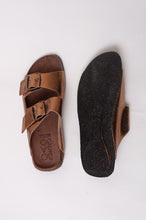 Load image into Gallery viewer, Bosasbo handmade in France double strap slides with molded cork footbed and metallic copper upper, bronze buckles.