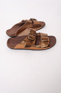 Bosasbo handmade in France double strap slides with molded cork footbed and metallic copper upper, bronze buckles.