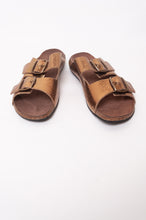 Load image into Gallery viewer, Bosasbo handmade in France double strap slides with molded cork footbed and metallic copper upper, bronze buckles.