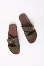 Load image into Gallery viewer, Bosasbo handmade in France double strap slides with molded cork footbed and khaki suede upper, bronze buckle.