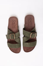 Load image into Gallery viewer, Bosasbo handmade in France double strap slides with molded cork footbed and khaki suede upper, bronze buckle.