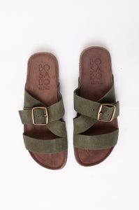 Bosasbo handmade in France double strap slides with molded cork footbed and khaki suede upper, bronze buckle.