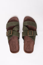 Load image into Gallery viewer, Bosasbo handmade in France double strap slides with molded cork footbed and khaki suede upper, bronze buckle.