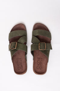 Bosasbo handmade in France double strap slides with molded cork footbed and khaki suede upper, bronze buckle.