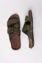 Load image into Gallery viewer, Bosasbo handmade in France double strap slides with molded cork footbed and khaki suede upper, bronze buckle.