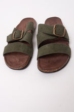 Load image into Gallery viewer, Bosasbo handmade in France double strap slides with molded cork footbed and khaki suede upper, bronze buckle.