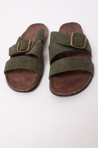 Bosasbo handmade in France double strap slides with molded cork footbed and khaki suede upper, bronze buckle.