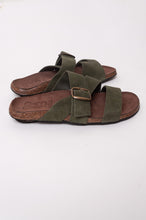 Load image into Gallery viewer, Bosasbo handmade in France double strap slides with molded cork footbed and khaki suede upper, bronze buckle.