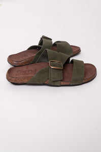 Bosasbo handmade in France double strap slides with molded cork footbed and khaki suede upper, bronze buckle.