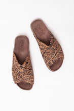 Load image into Gallery viewer, Bosasbo handmade in France cross over slides with molded cork footbed and hand crocheted natural and black chine raffia upper.