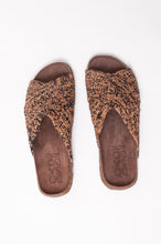 Load image into Gallery viewer, Bosasbo handmade in France cross over slides with molded cork footbed and hand crocheted natural and black chine raffia upper.