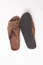 Load image into Gallery viewer, Bosasbo handmade in France cross over slides with molded cork footbed and hand crocheted natural and black chine raffia upper.