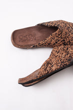 Load image into Gallery viewer, Bosasbo handmade in France cross over slides with molded cork footbed and hand crocheted natural and black chine raffia upper.