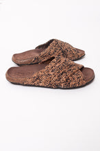 Load image into Gallery viewer, Bosasbo handmade in France cross over slides with molded cork footbed and hand crocheted natural and black chine raffia upper.