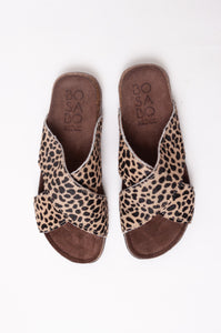 Bosasbo handmade in France cross over slides with molded cork footbed and animal print pony (cowhide) upper.