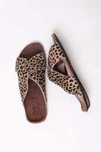 Load image into Gallery viewer, Bosasbo handmade in France cross over slides with molded cork footbed and animal print pony (cowhide) upper.