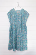 Load image into Gallery viewer, Juniper Hearth blockprint cotton dress with gathered skirt and pockets, in celadon aqua and blue floral.