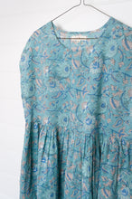 Load image into Gallery viewer, Juniper Hearth blockprint cotton dress with gathered skirt and pockets, in celadon aqua and blue floral.