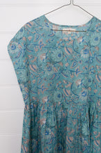 Load image into Gallery viewer, Juniper Hearth blockprint cotton dress with gathered skirt and pockets, in celadon aqua and blue floral.