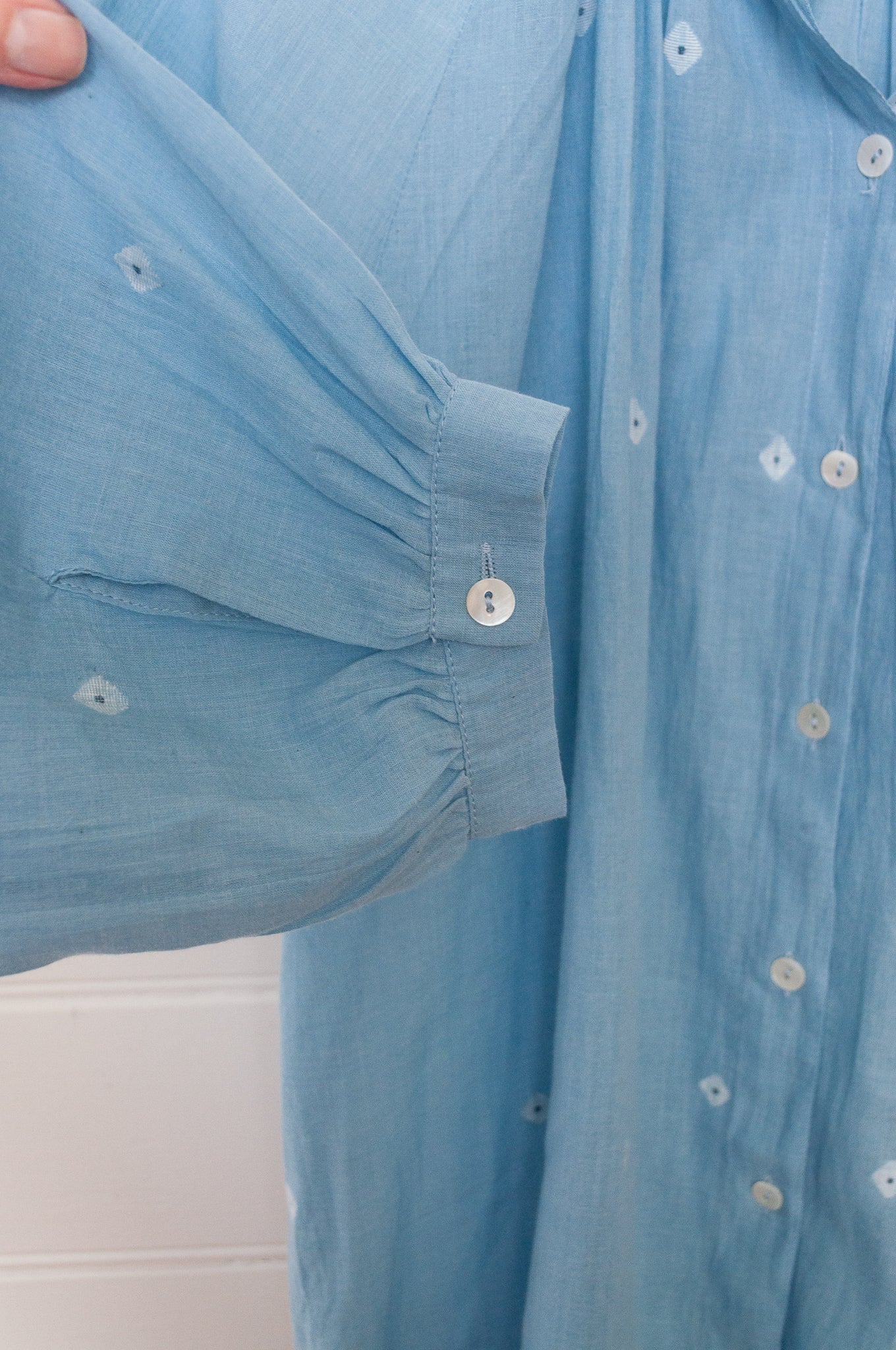 Studio Within x Juniper Hearth jamdani cotton blouse in light indigo.