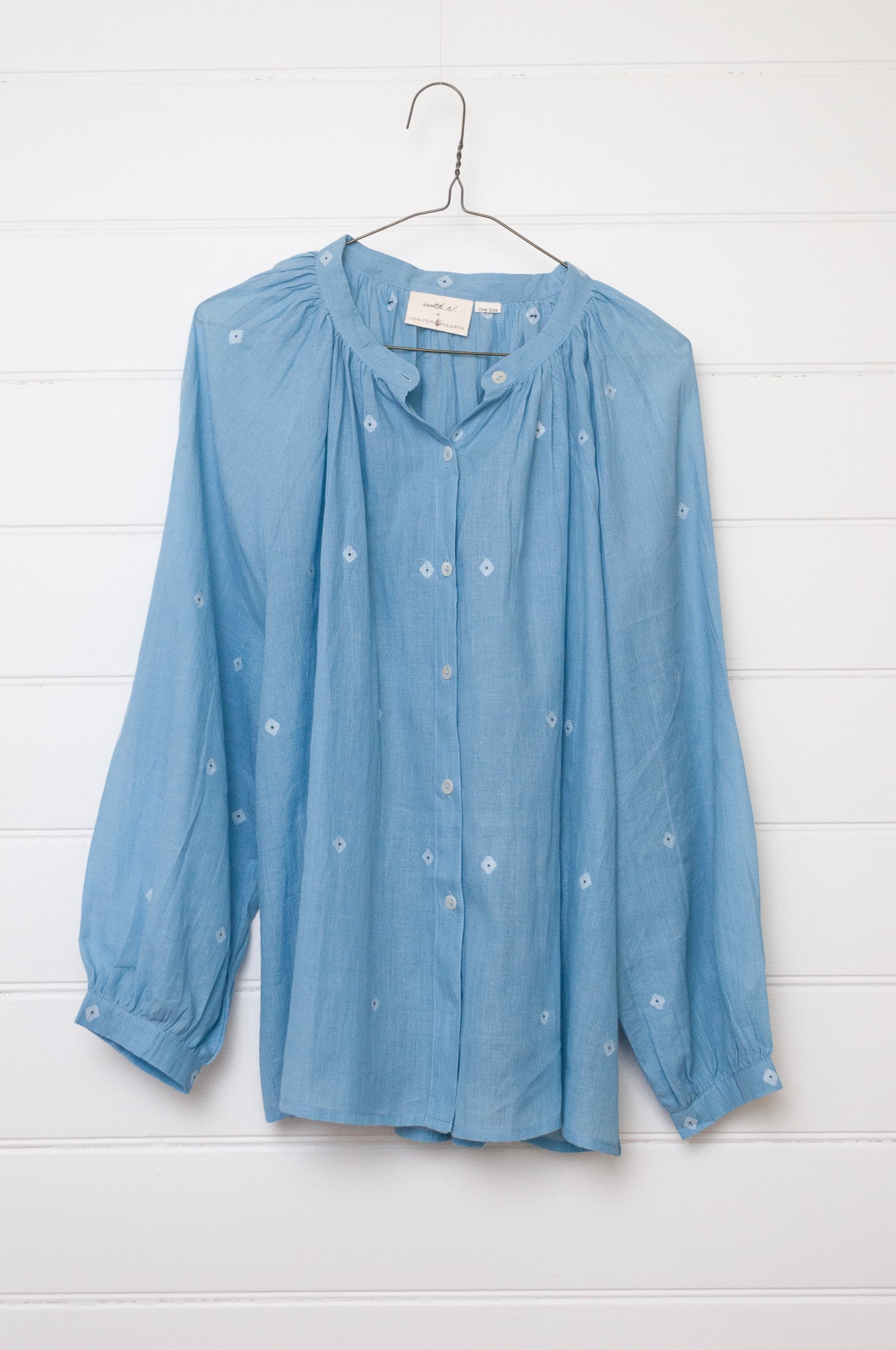 Studio Within x Juniper Hearth jamdani cotton blouse in light indigo.