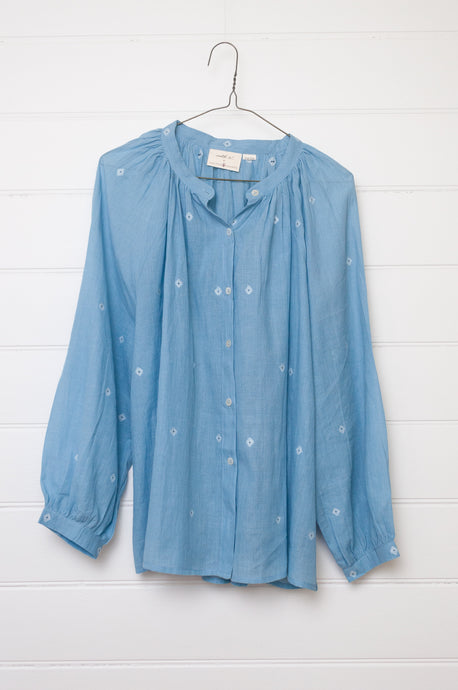 Studio Within x Juniper Hearth jamdani cotton blouse in light indigo.