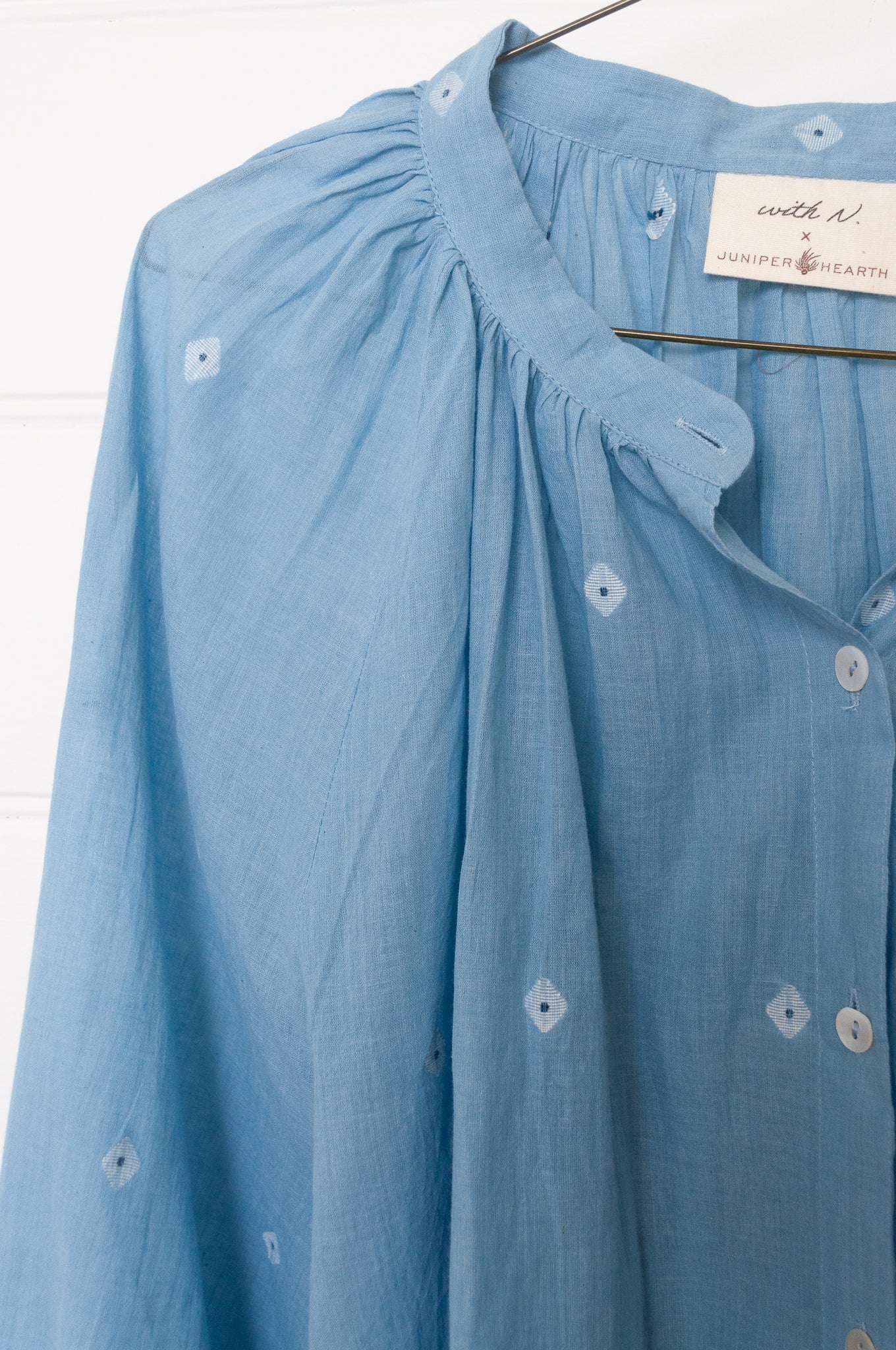 Studio Within x Juniper Hearth jamdani cotton blouse in light indigo.