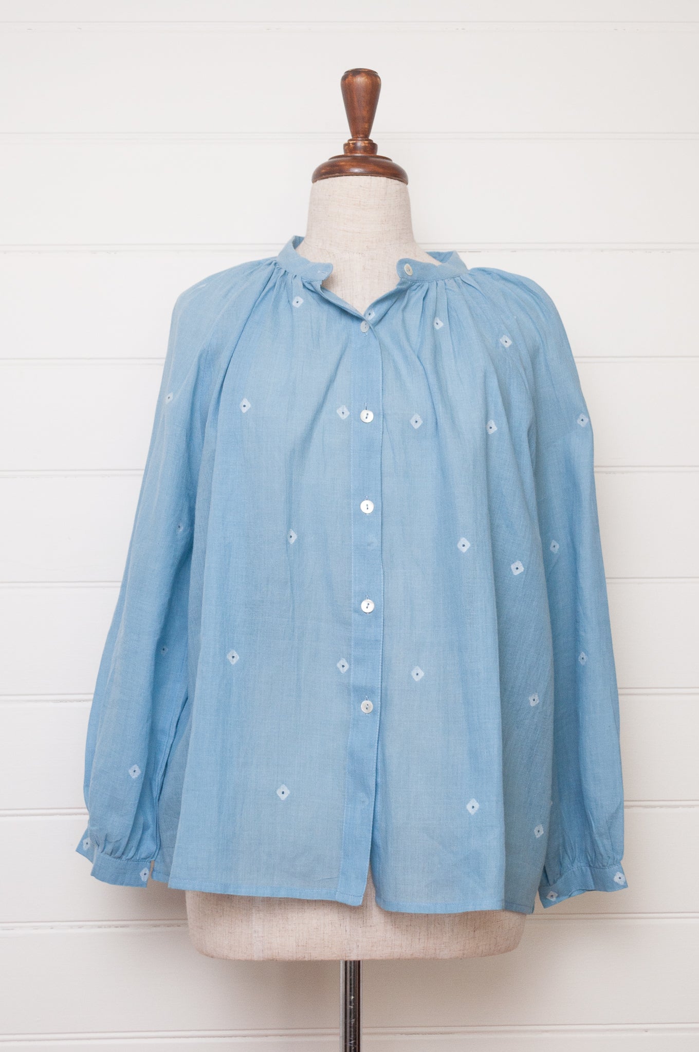 Studio Within x Juniper Hearth jamdani cotton blouse in light indigo.
