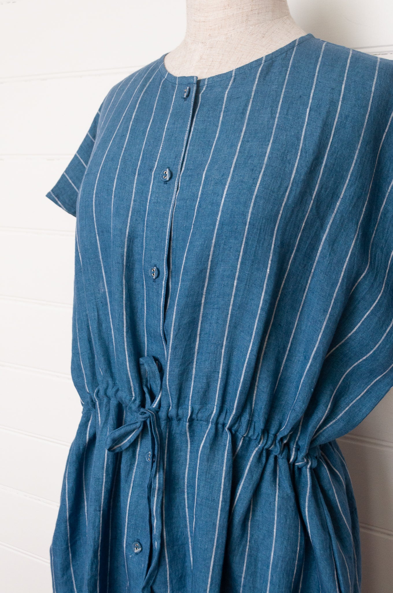 Studio Within x Juniper Hearth one size striped linen dress in blue.