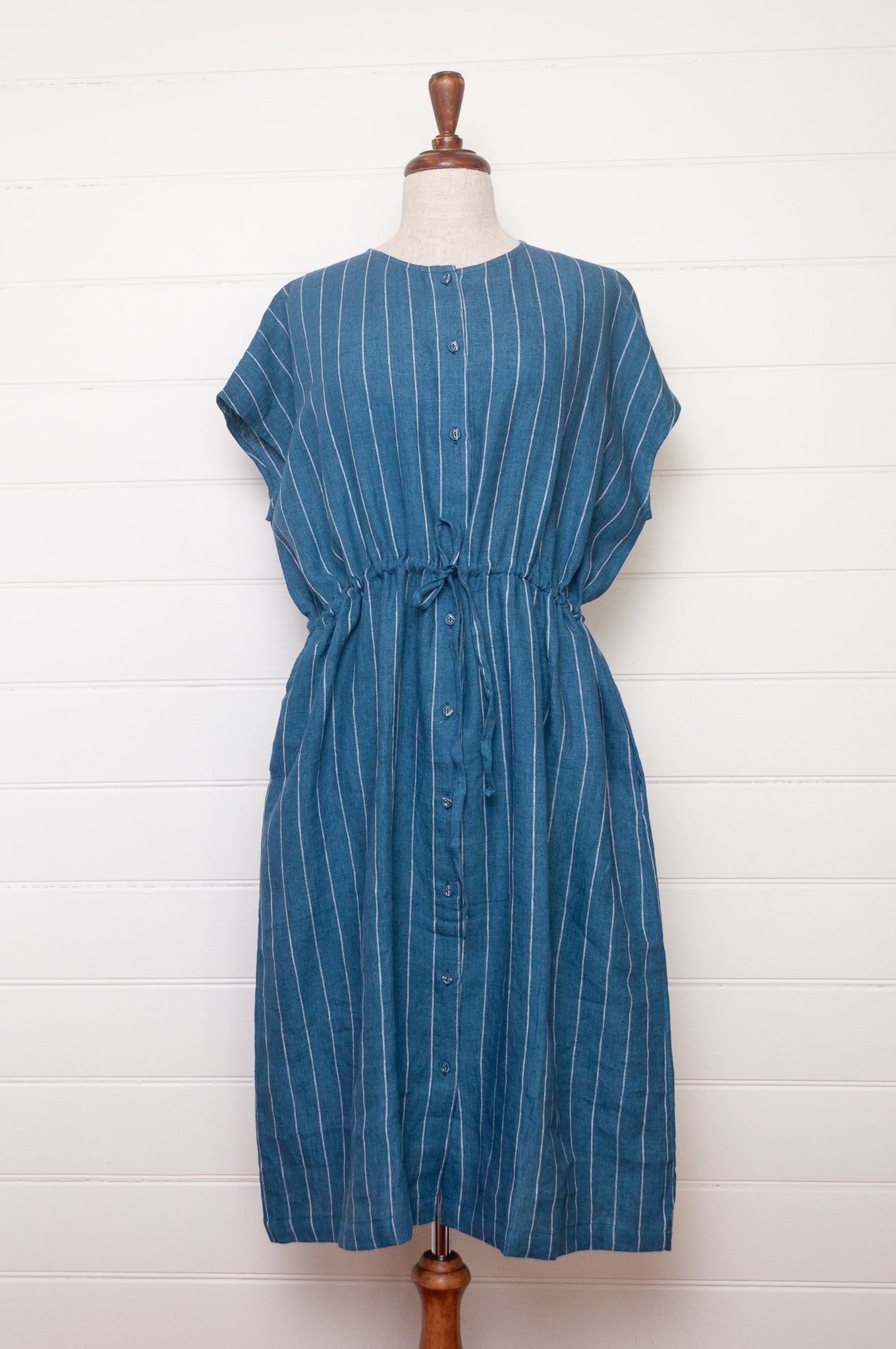 Studio Within x Juniper Hearth one size striped linen dress in blue.