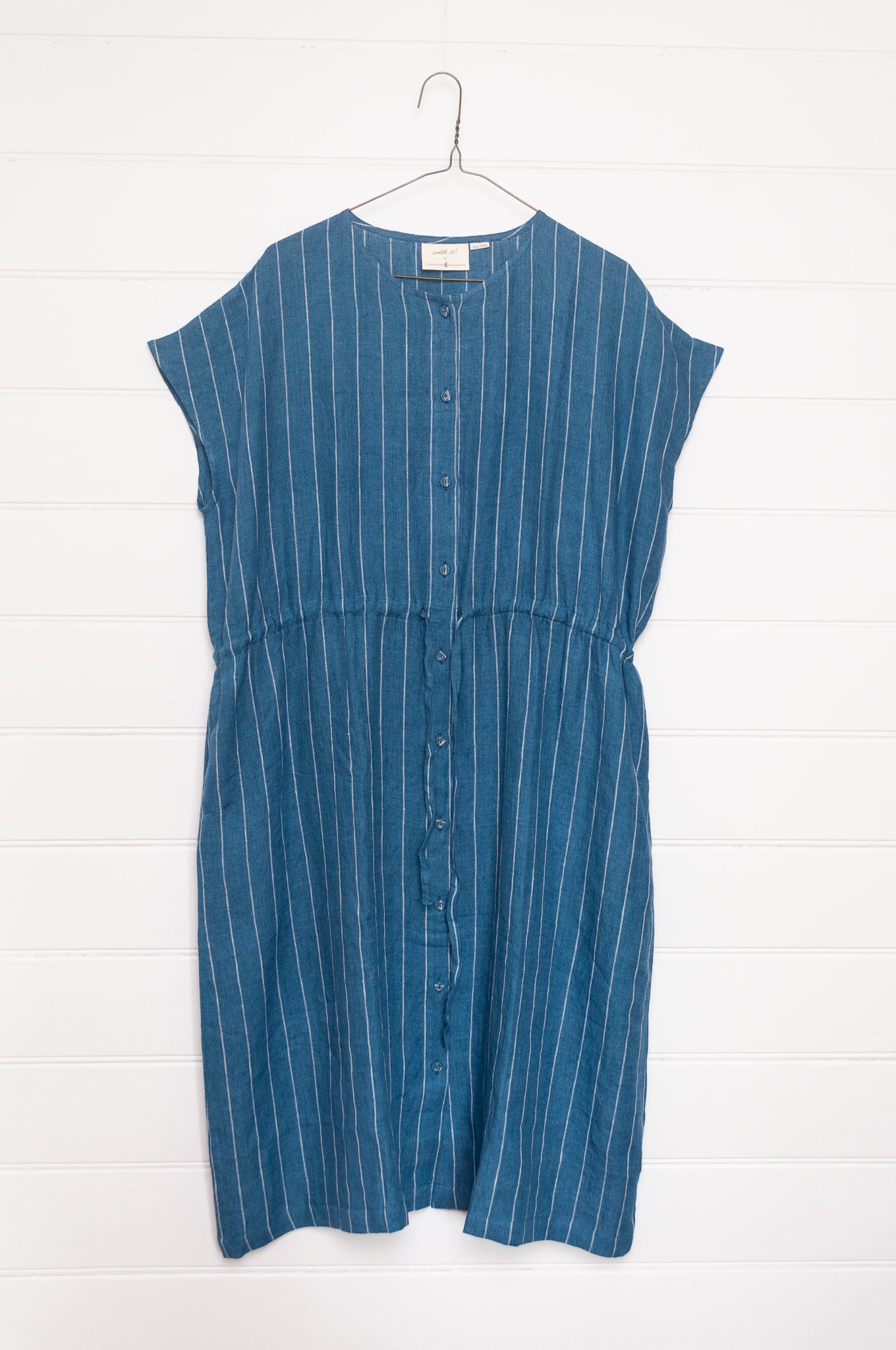 Studio Within x Juniper Hearth one size striped linen dress in blue.