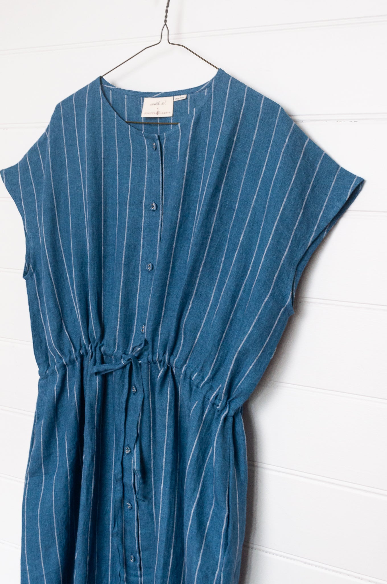 Studio Within x Juniper Hearth one size striped linen dress in blue.