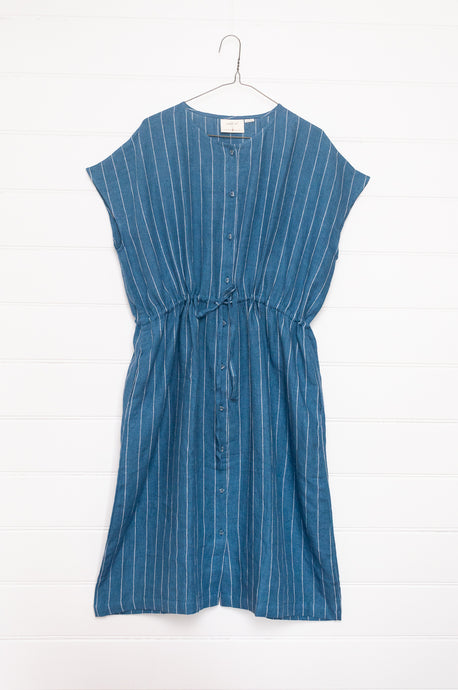 Studio Within x Juniper Hearth one size striped linen dress in blue.