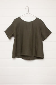 Valia button back blouse in Nomad olive green linen.