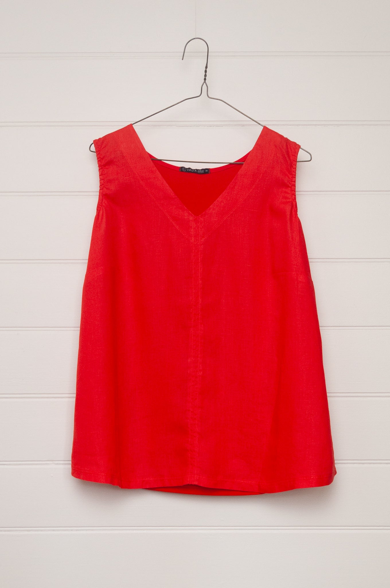 Valia V neck sleeveless tank in European linen and cotton jersey in bright red.