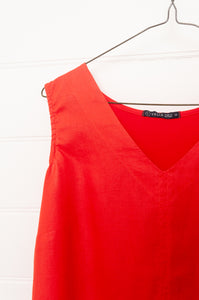 Valia V neck sleeveless tank in European linen and cotton jersey in bright red.