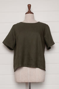 Valia button back blouse in Nomad olive green linen.