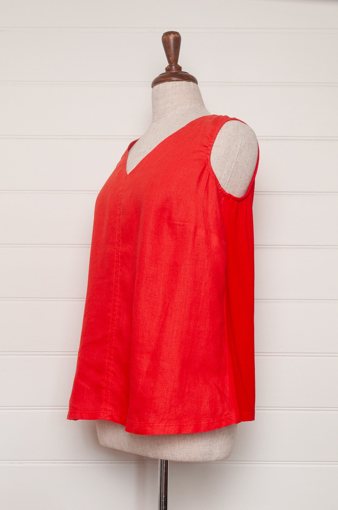 Valia V neck sleeveless tank in European linen and cotton jersey in bright red.