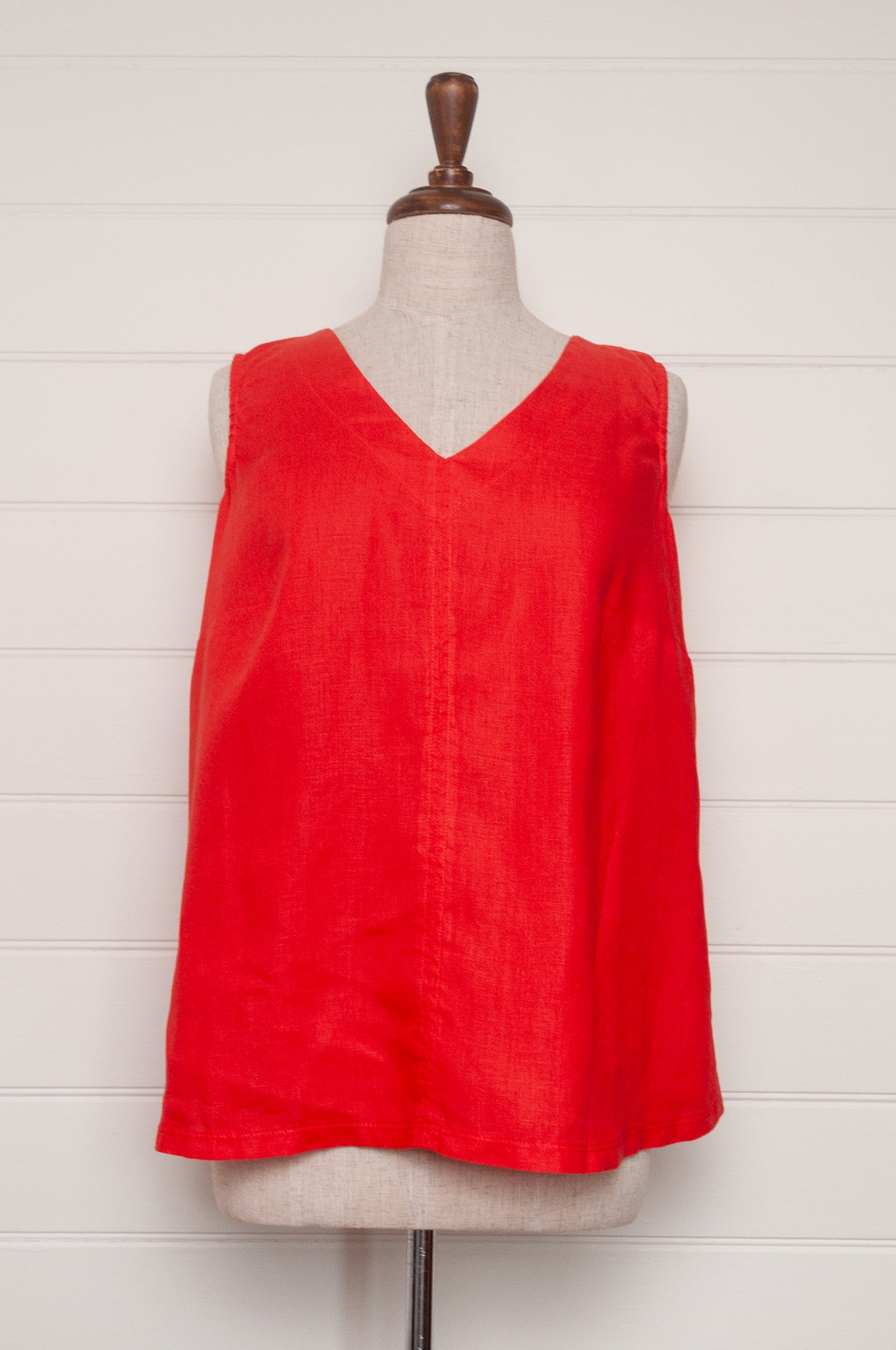 Valia V neck sleeveless tank in European linen and cotton jersey in bright red.