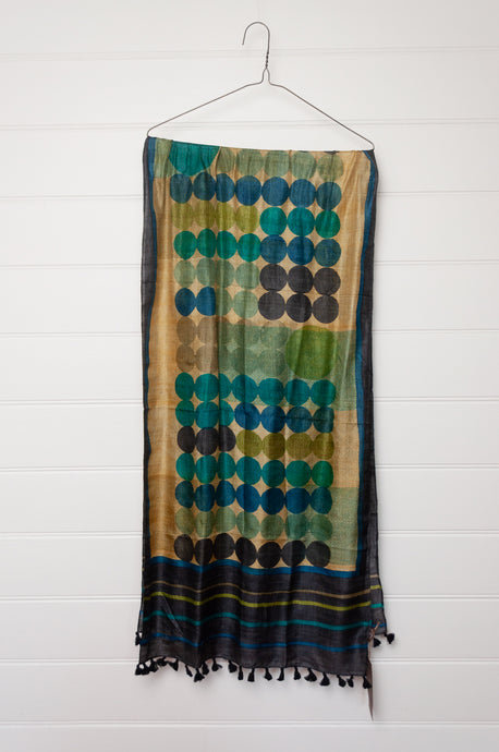 Karomi blockprint handwoven silk Chakra scarf in blue and green spots.