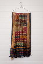 Load image into Gallery viewer, Karomi blockprint handwoven silk Chakra scarf in rust and navy spots.