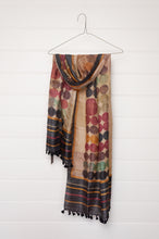 Load image into Gallery viewer, Karomi blockprint handwoven silk Chakra scarf in rust and navy spots.