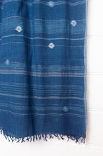 Load image into Gallery viewer, Karomi jamdani scarf handwoven in handspun cotton natural indigo dye, kankra crab motif with stripes.