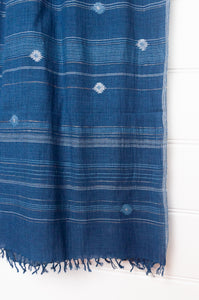 Karomi jamdani scarf handwoven in handspun cotton natural indigo dye, kankra crab motif with stripes.